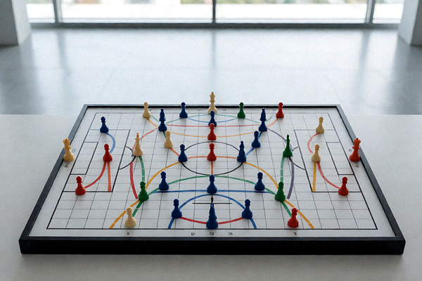足球战术板上摆放着代表球员位置的棋子与跑动路线