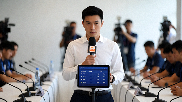 体育新闻发布现场记者记录赛事信息